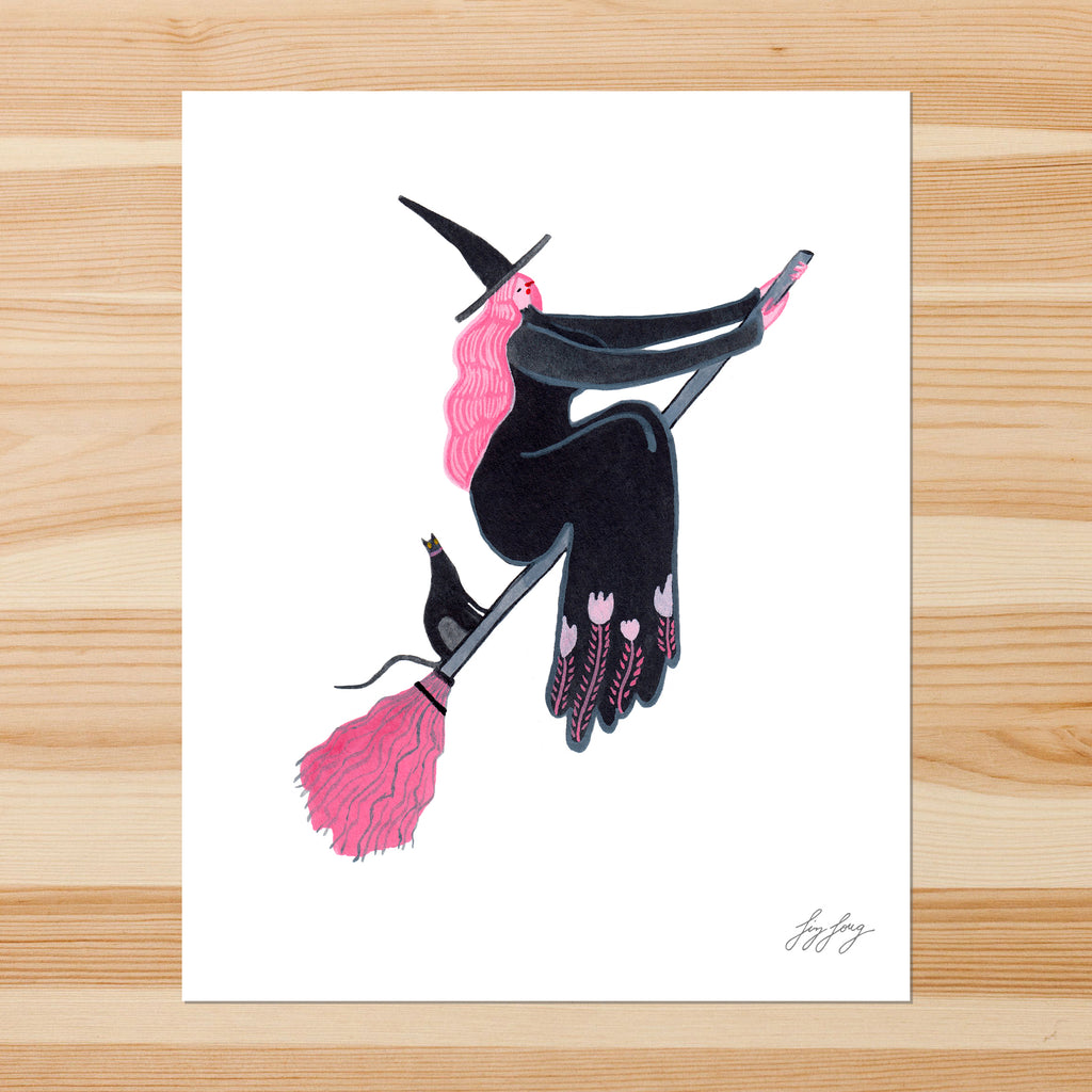 Flying Witch with Cat 8x10in Giclee Print