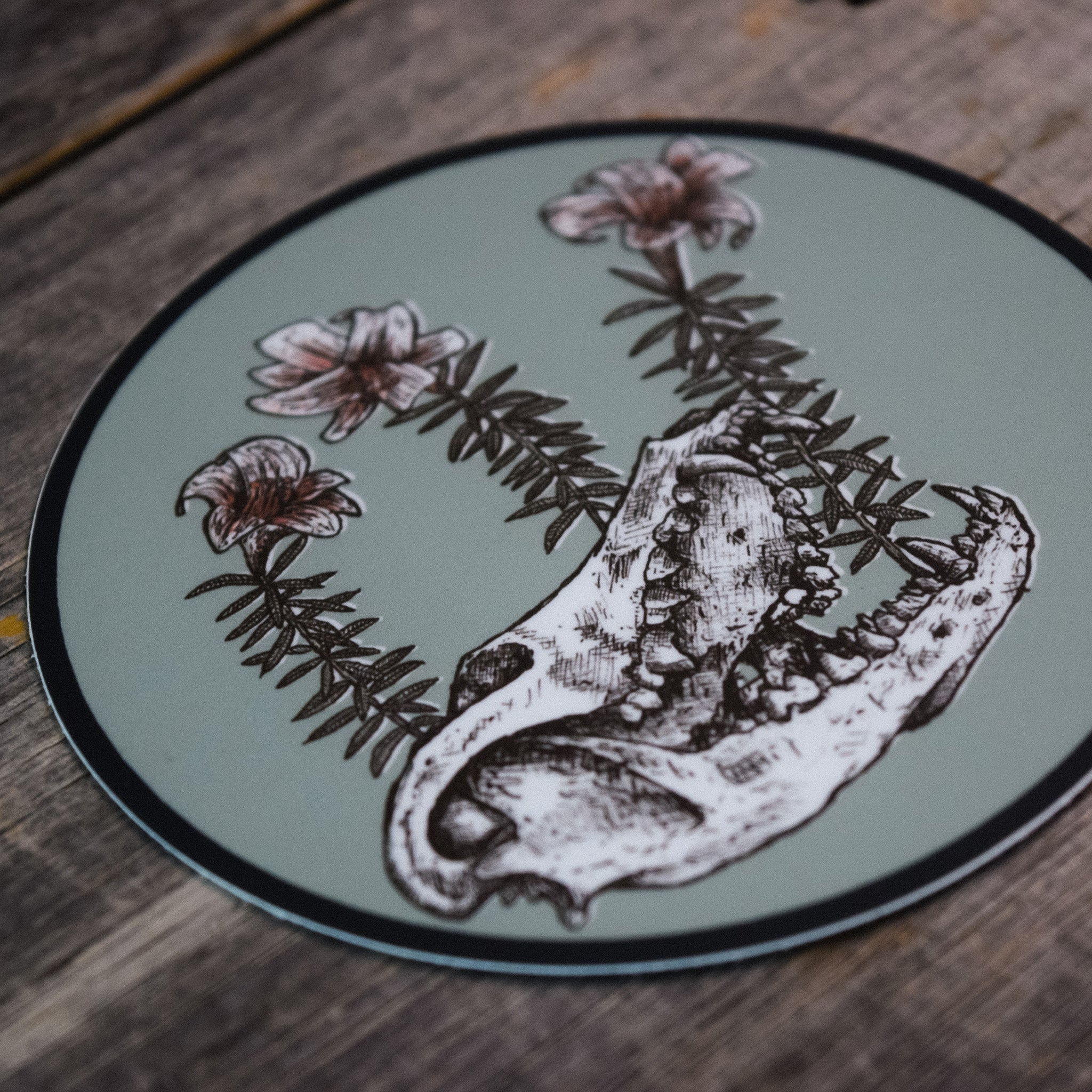 Skull and Flowers Sea Foam Vinyl Sticker